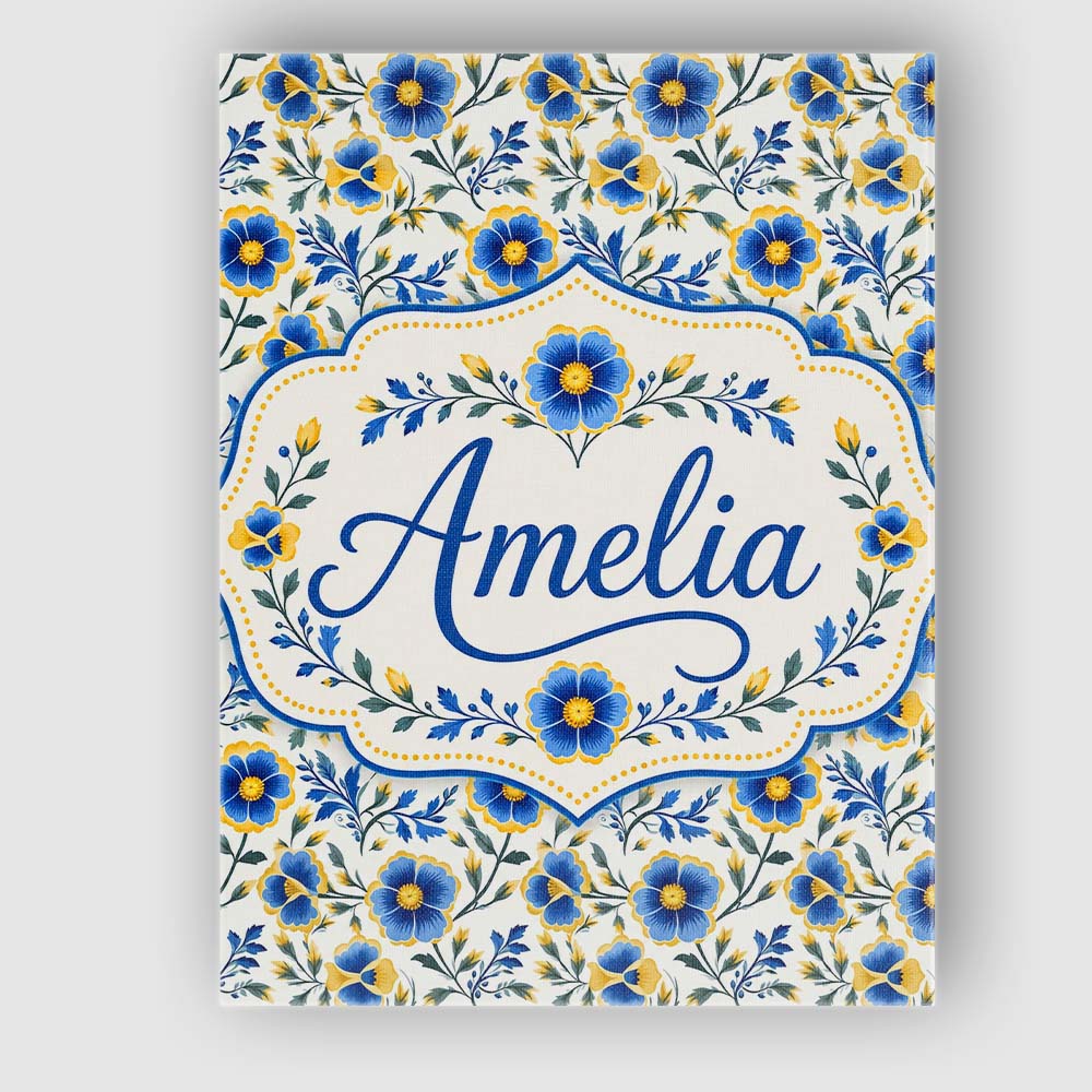 Personalised Name Blue Yellow Floral Custom Premium Decorative Design Modern Room Accent Canvas Wall Art Print Decor Picture Ready to Hang