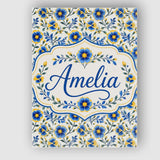 Personalised Name Blue Yellow Floral Custom Premium Decorative Design Modern Room Accent Canvas Wall Art Print Decor Picture Ready to Hang