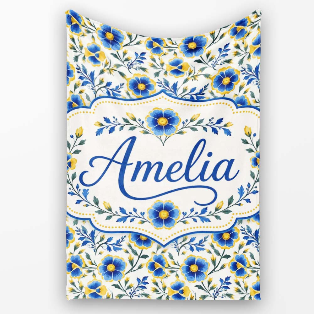 Blue Yellow Floral Vintage Seamless Pattern Elegant Botanical Style  Personalised Custom Name Super Soft Fleece Blanket Bed Sofa Throw