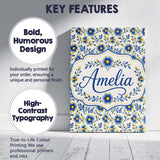 Personalised Name Blue Yellow Floral Custom Premium Decorative Design Modern Room Accent Canvas Wall Art Print Decor Picture Ready to Hang