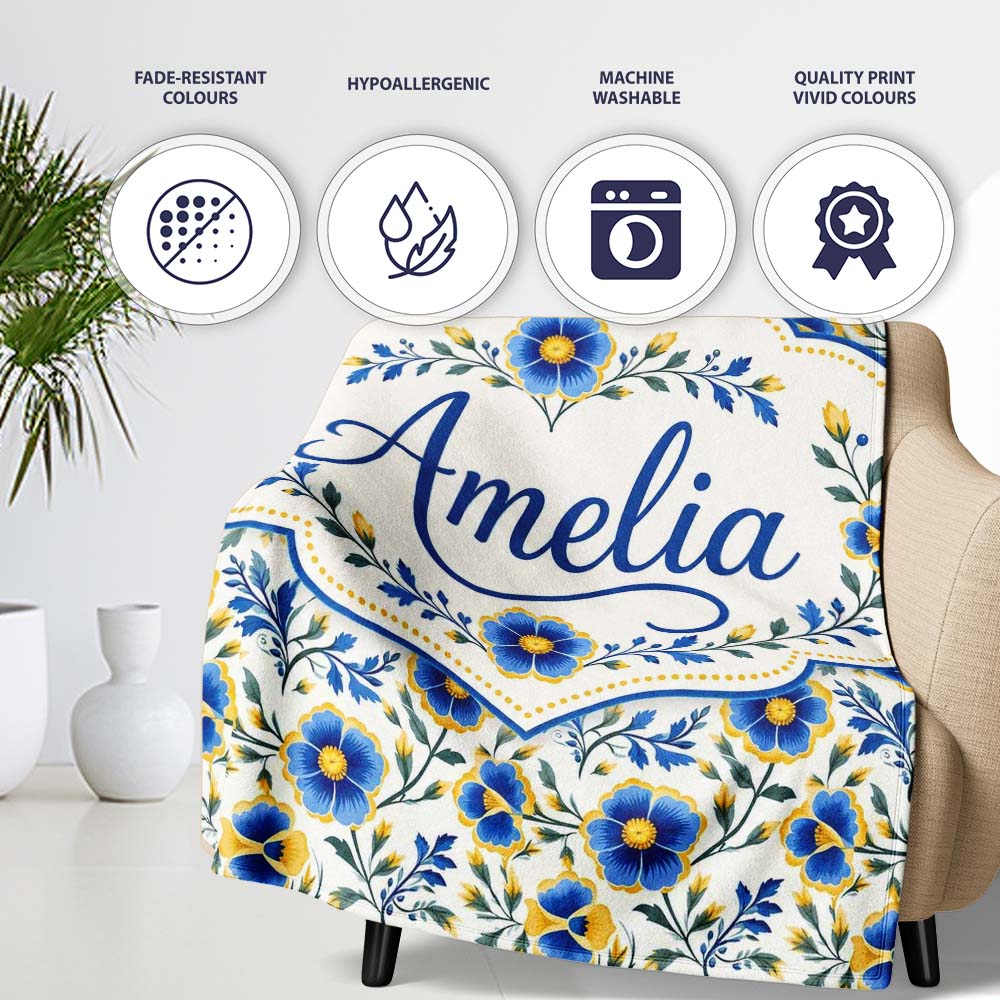 Blue Yellow Floral Vintage Seamless Pattern Elegant Botanical Style  Personalised Custom Name Super Soft Fleece Blanket Bed Sofa Throw