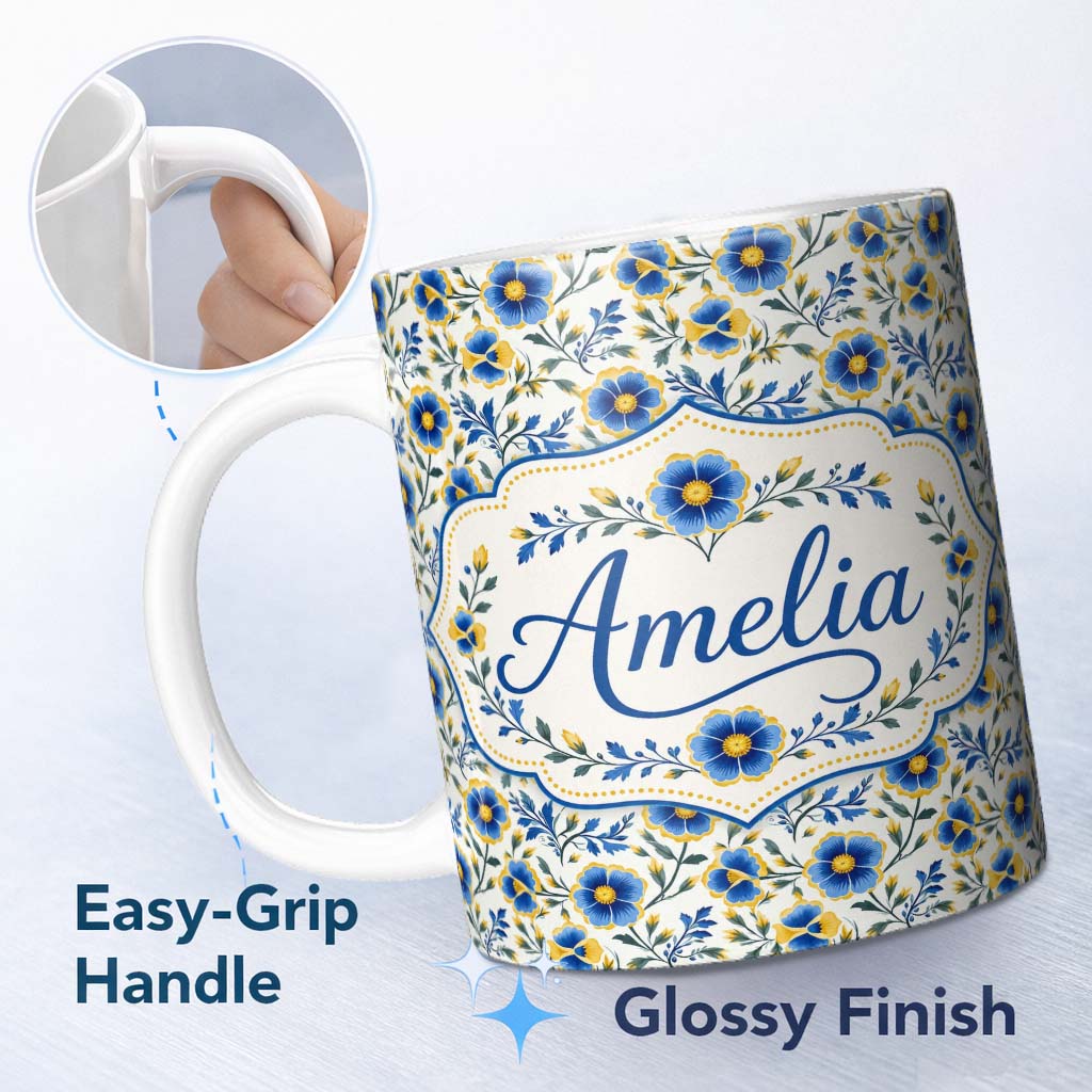 Personalized Custom Name Blue Yellow Floral Vintage Seamless Pattern Elegant Botanical Style 11oz Ceramic Coffee Tea Mug White Large Handle