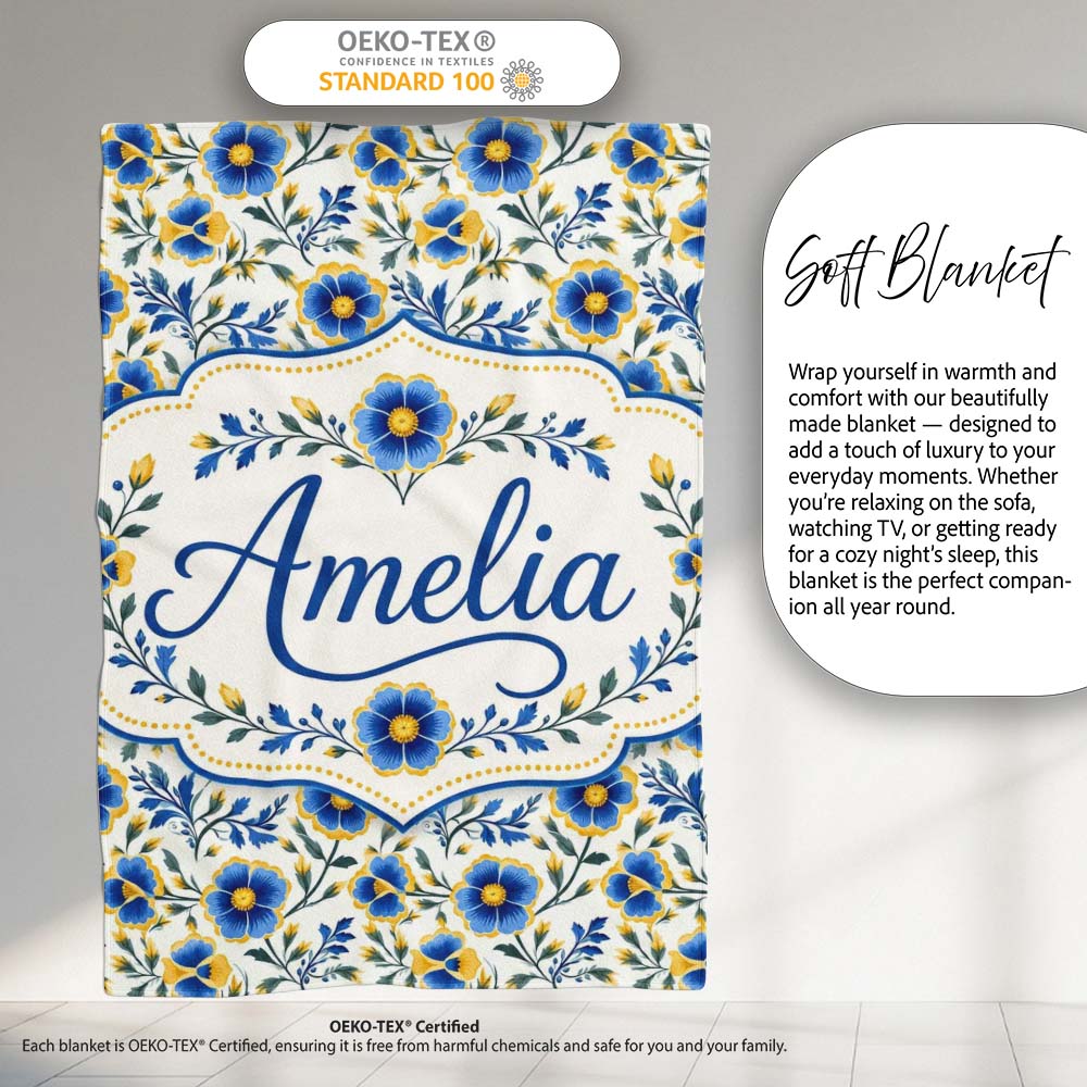 Blue Yellow Floral Vintage Seamless Pattern Elegant Botanical Style  Personalised Custom Name Super Soft Fleece Blanket Bed Sofa Throw
