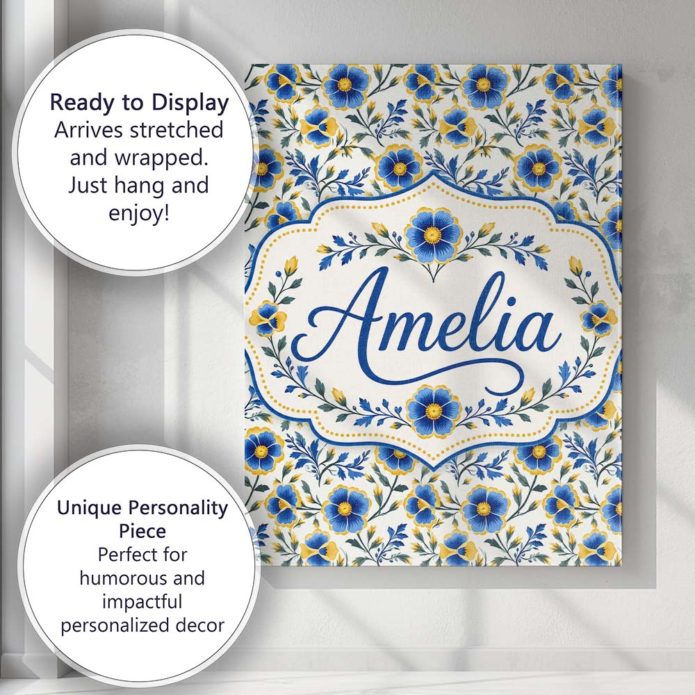Personalised Name Blue Yellow Floral Custom Premium Decorative Design Modern Room Accent Canvas Wall Art Print Decor Picture Ready to Hang