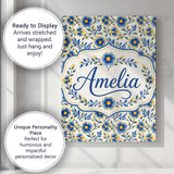 Personalised Name Blue Yellow Floral Custom Premium Decorative Design Modern Room Accent Canvas Wall Art Print Decor Picture Ready to Hang