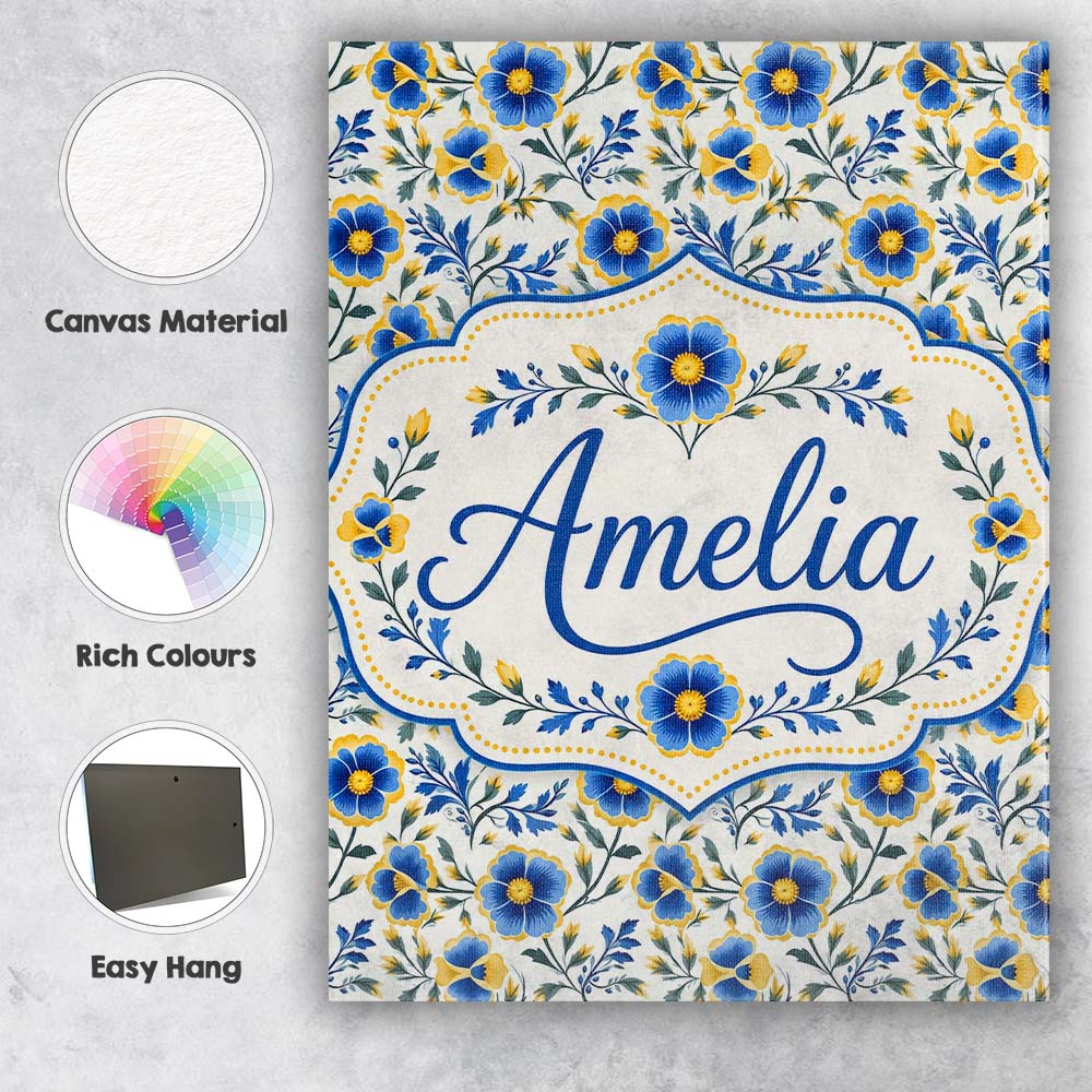 Personalised Name Blue Yellow Floral Custom Premium Decorative Design Modern Room Accent Canvas Wall Art Print Decor Picture Ready to Hang