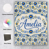 Personalised Name Blue Yellow Floral Custom Premium Decorative Design Modern Room Accent Canvas Wall Art Print Decor Picture Ready to Hang