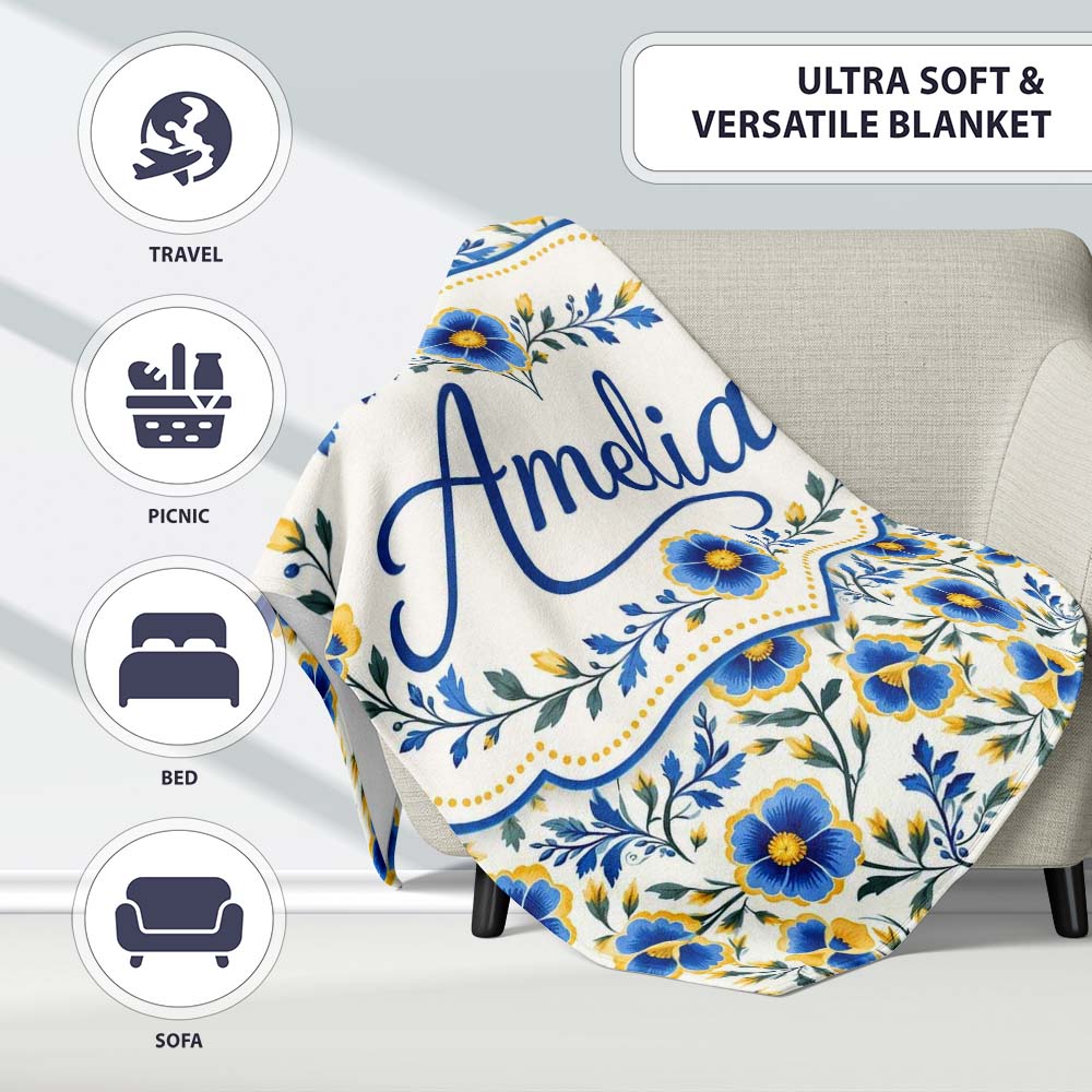 Blue Yellow Floral Vintage Seamless Pattern Elegant Botanical Style  Personalised Custom Name Super Soft Fleece Blanket Bed Sofa Throw