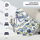 Blue Yellow Floral Vintage Seamless Pattern Elegant Botanical Style  Personalised Custom Name Super Soft Fleece Blanket Bed Sofa Throw
