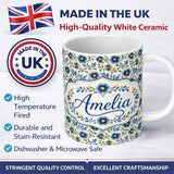 Personalized Custom Name Blue Yellow Floral Vintage Seamless Pattern Elegant Botanical Style 11oz Ceramic Coffee Tea Mug White Large Handle