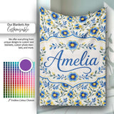 Blue Yellow Floral Vintage Seamless Pattern Elegant Botanical Style  Personalised Custom Name Super Soft Fleece Blanket Bed Sofa Throw