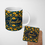 Personalized Custom Name Golden Poppy Flowers Dark Background Seamless Pattern Rich 11oz Ceramic Coffee Tea Mug White Large Handle