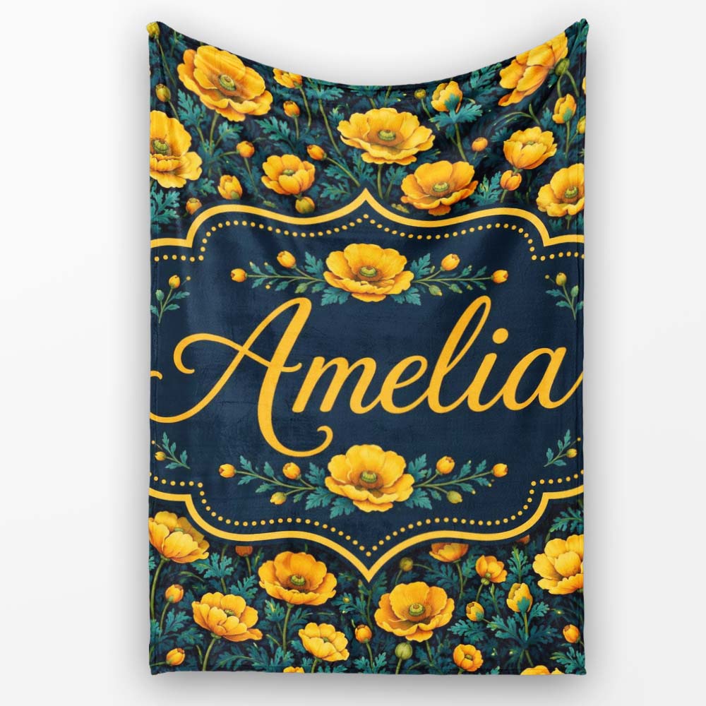 Golden Poppy Flowers Dark Background Seamless Pattern Rich  Personalised Custom Name Super Soft Fleece Blanket Bed Sofa Throw