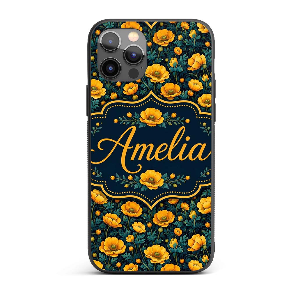 Golden Poppy Flowers Dark Background Seamless Custom Name Protective Phone Case Mobile Cover Durable Everyday Smartphone Shock Resistant