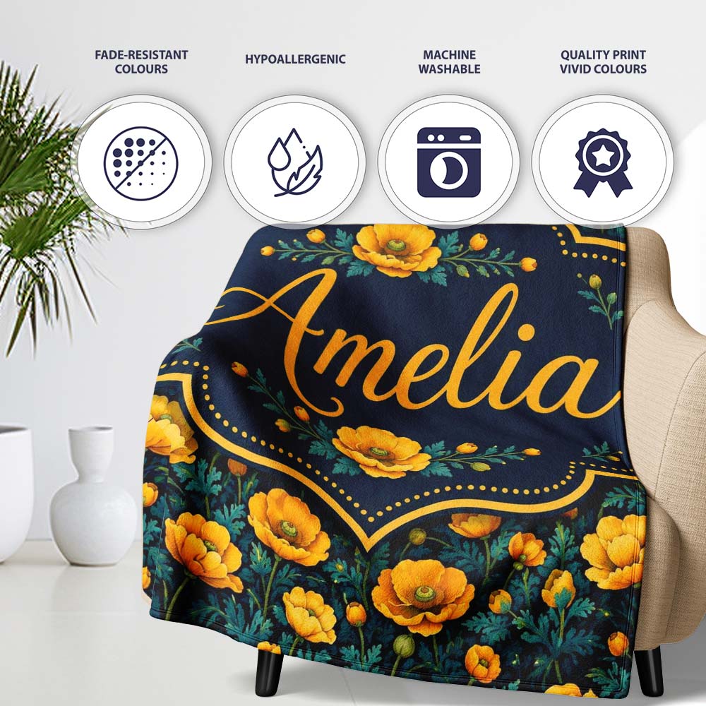 Golden Poppy Flowers Dark Background Seamless Pattern Rich  Personalised Custom Name Super Soft Fleece Blanket Bed Sofa Throw