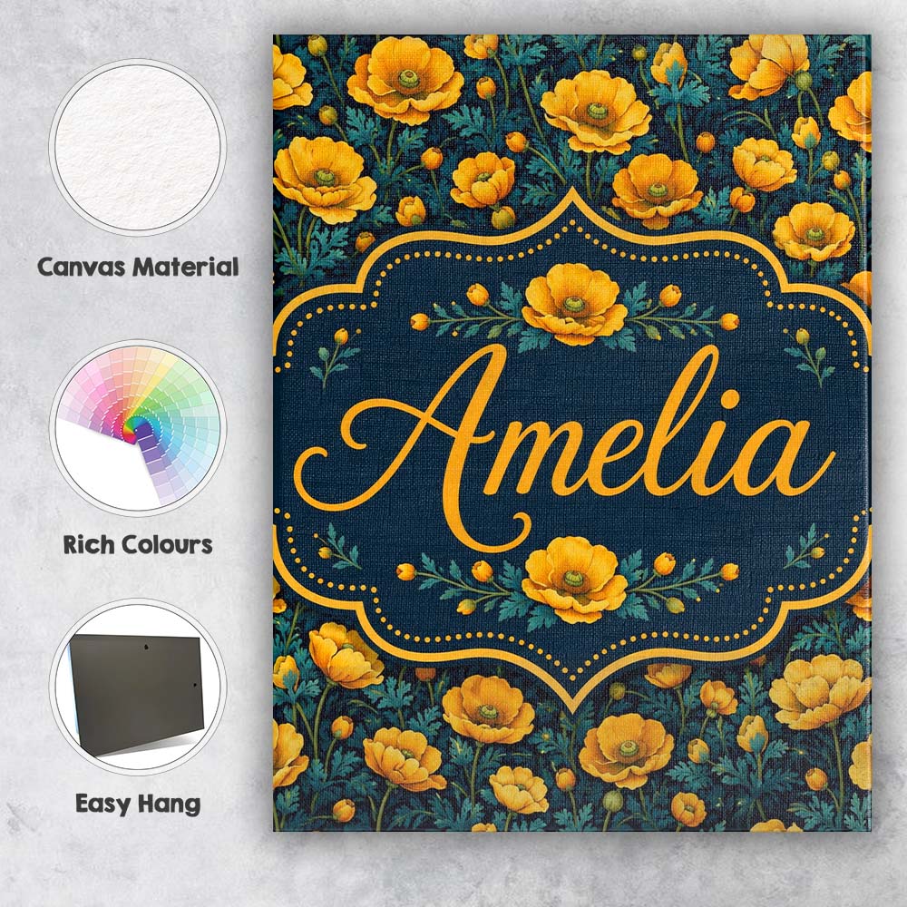 Personalised Name Golden Poppy Flowers Dark Custom  Bespoke Interior Contemporary Canvas Wall Art Print Decor Picture Ready to Hang