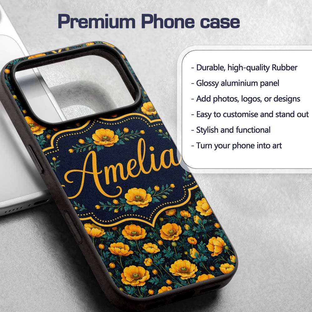 Golden Poppy Flowers Dark Background Seamless Custom Name Protective Phone Case Mobile Cover Durable Everyday Smartphone Shock Resistant