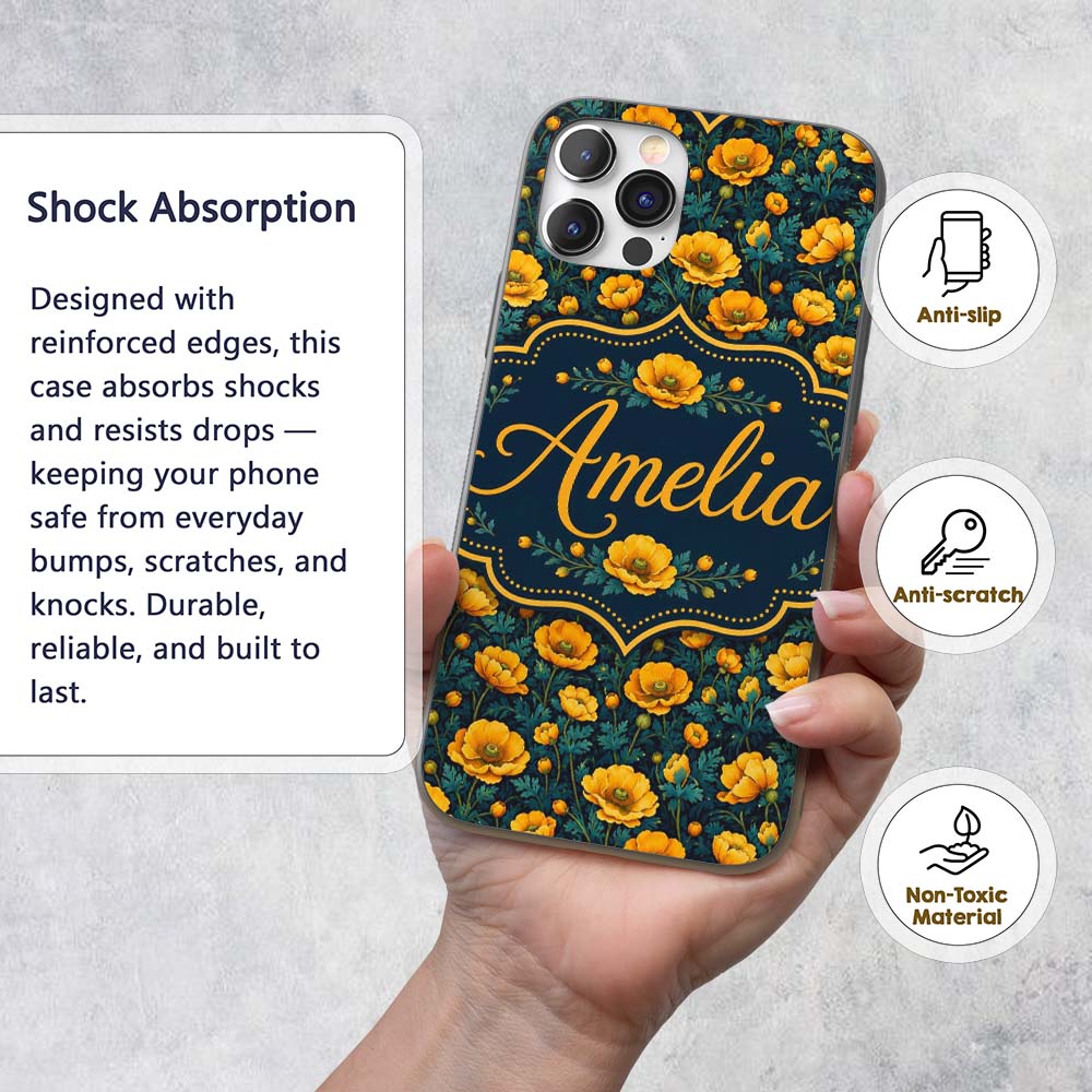 Golden Poppy Flowers Dark Background Seamless Custom Name Protective Phone Case Mobile Cover Durable Everyday Smartphone Shock Resistant