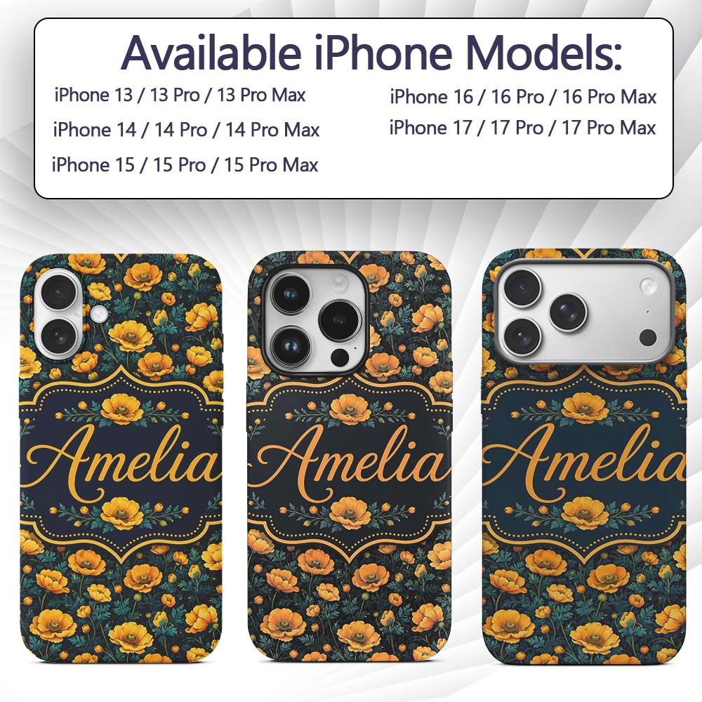 Golden Poppy Flowers Dark Background Seamless Custom Name Protective Phone Case Mobile Cover Durable Everyday Smartphone Shock Resistant