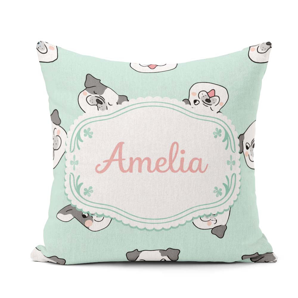Custom Name Cute French Bulldog Teal Background Seamless Pattern Square Filled Cushion Throw Pillow Sofa Bed Home Decor Zip Washable UK Made