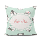 Custom Name Cute French Bulldog Teal Background Seamless Pattern Square Filled Cushion Throw Pillow Sofa Bed Home Decor Zip Washable UK Made