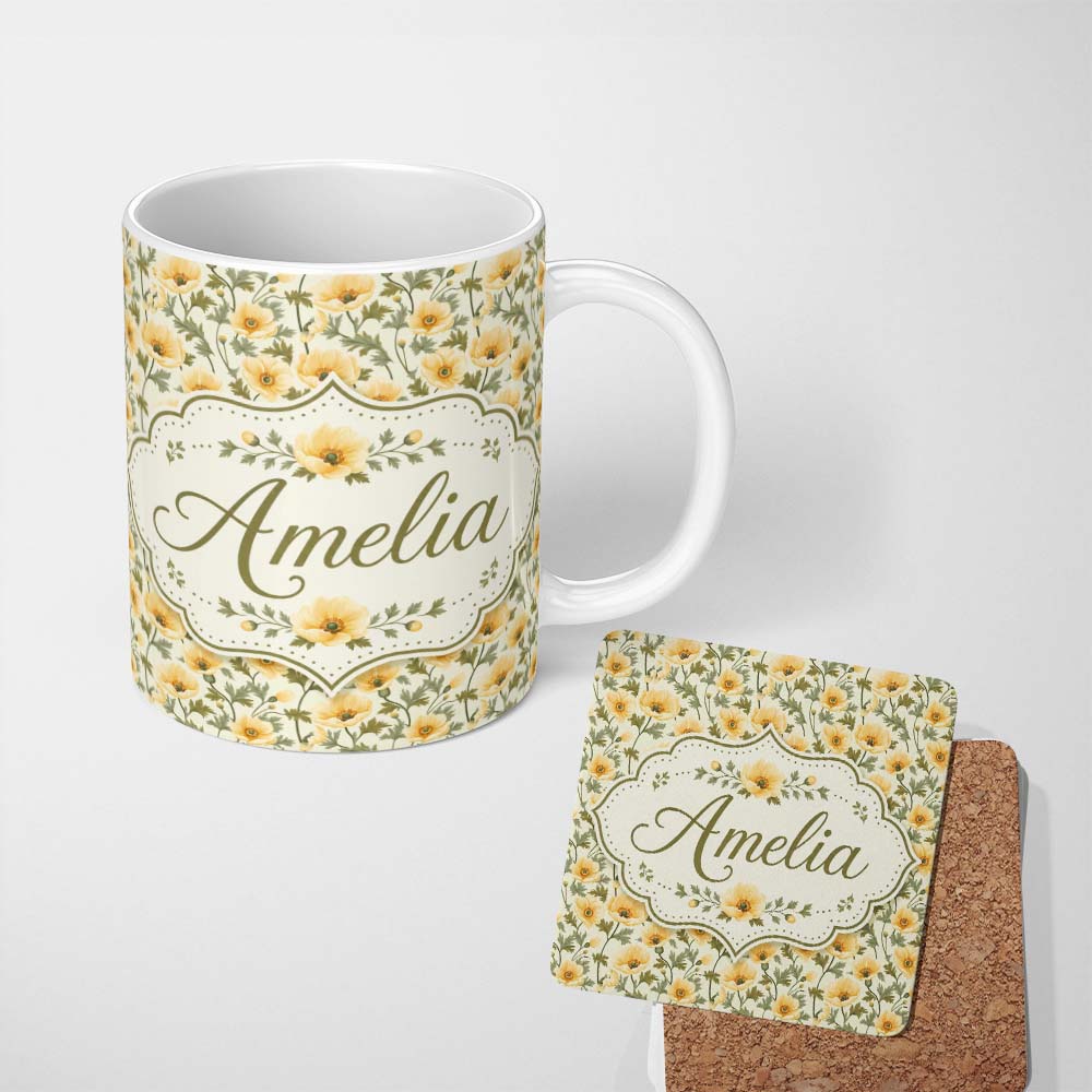 Personalized Custom Name Soft Beige Poppy Floral Seamless Pattern Elegant Neutral Botanical 11oz Ceramic Coffee Tea Mug White Large Handle