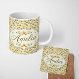 Personalized Custom Name Soft Beige Poppy Floral Seamless Pattern Elegant Neutral Botanical 11oz Ceramic Coffee Tea Mug White Large Handle