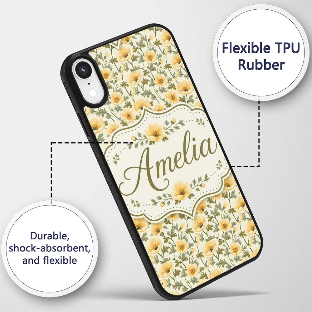 Soft Beige Poppy Floral Seamless Pattern Elegant Custom Name Protective Phone Case Mobile Cover Durable Everyday Smartphone Shock Resistant