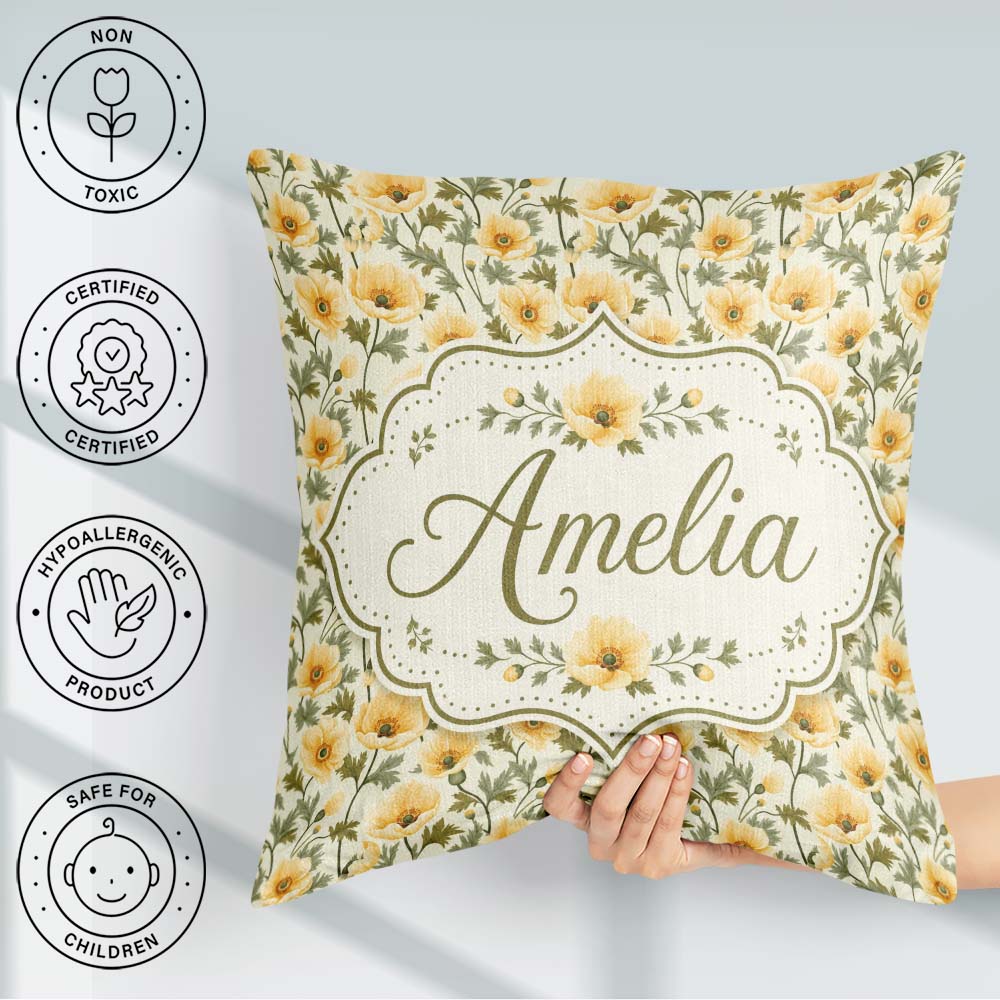 Custom Name Soft Beige Floral Seamless Pattern Elegant Botanical Square Filled Cushion Throw Pillow Sofa Bed Home Decor Zip Washable UK Made