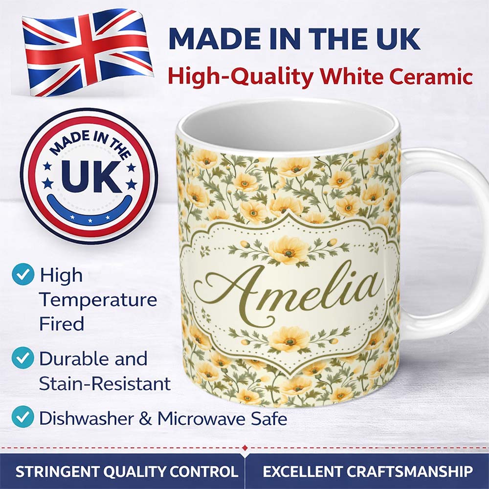 Personalized Custom Name Soft Beige Poppy Floral Seamless Pattern Elegant Neutral Botanical 11oz Ceramic Coffee Tea Mug White Large Handle