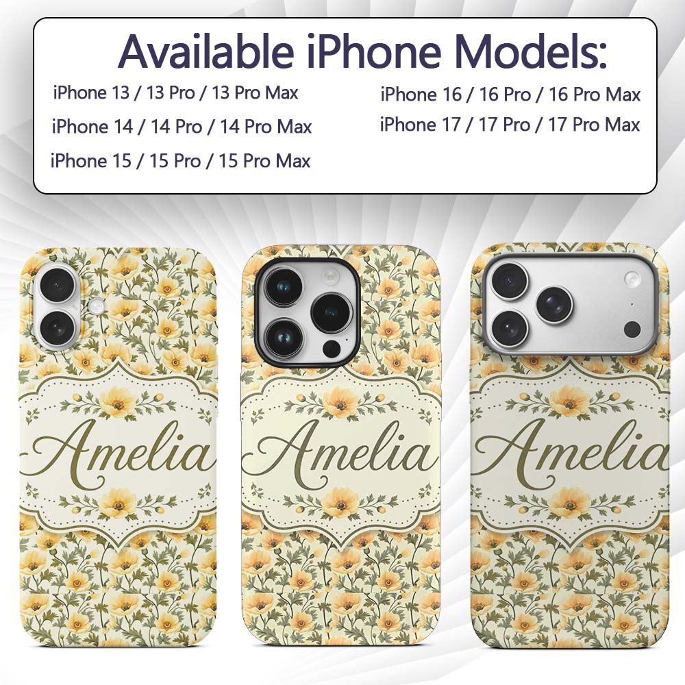 Soft Beige Poppy Floral Seamless Pattern Elegant Custom Name Protective Phone Case Mobile Cover Durable Everyday Smartphone Shock Resistant