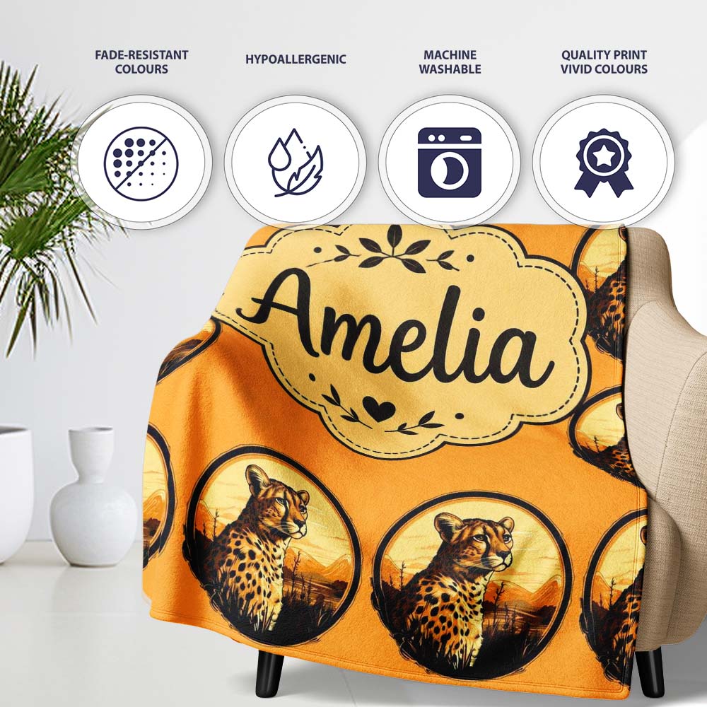 Cheetah Portrait Sunset Safari Seamless Pattern Wildlife Nature  Personalised Custom Name Super Soft Fleece Blanket Bed Sofa Throw
