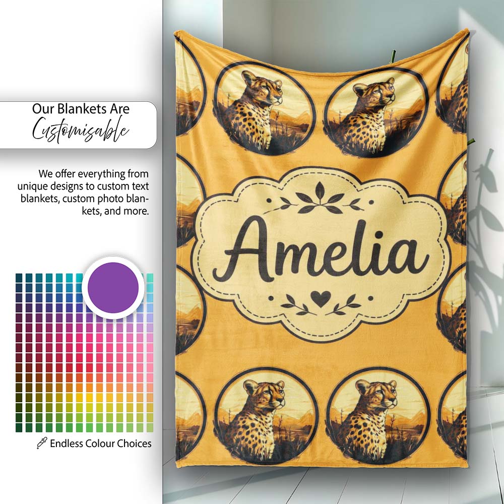 Cheetah Portrait Sunset Safari Seamless Pattern Wildlife Nature  Personalised Custom Name Super Soft Fleece Blanket Bed Sofa Throw