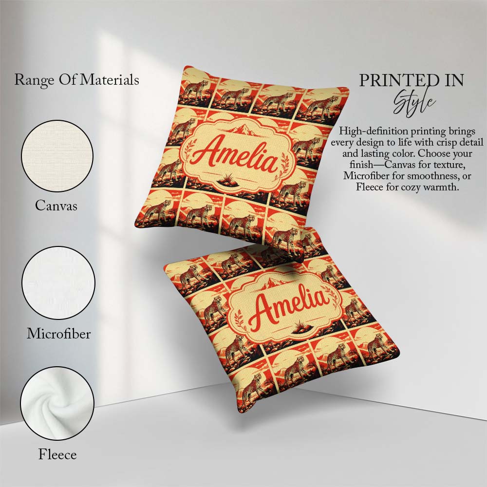 Custom Name Cheetah Landscape Red Sunset Scenic Seamless Pattern Square Filled Cushion Throw Pillow Sofa Bed Home Decor Zip Washable UK Made
