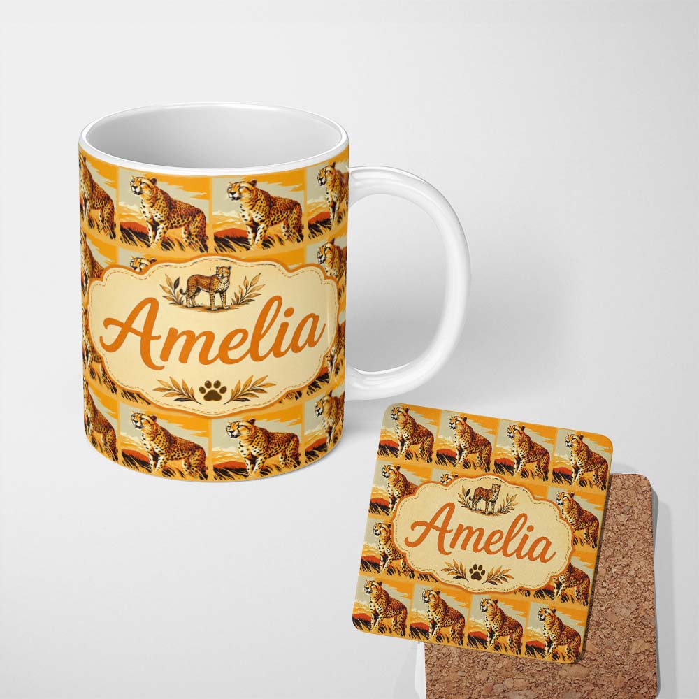 Personalized Custom Name Cheetah Safari Illustration Warm Tones Seamless Pattern Wildlife 11oz Ceramic Coffee Tea Mug White Large Handle