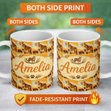 Personalized Custom Name Cheetah Safari Illustration Warm Tones Seamless Pattern Wildlife 11oz Ceramic Coffee Tea Mug White Large Handle