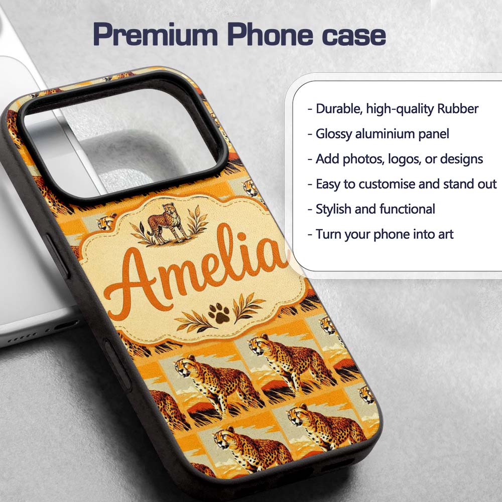 Cheetah Safari Illustration Warm Tones Seamless Custom Name Protective Phone Case Mobile Cover Durable Everyday Smartphone Shock Resistant