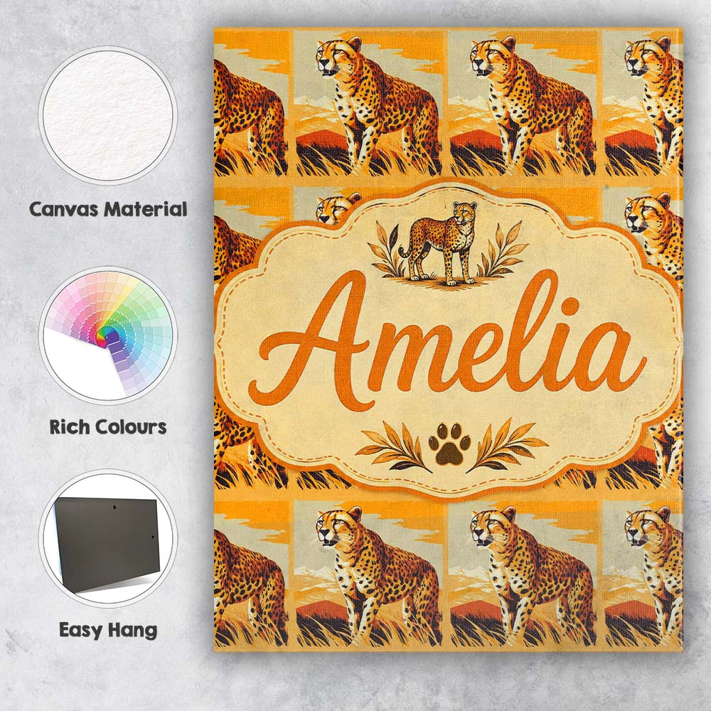 Personalised Name Cheetah Safari Illustration Custom Unique Gift Idea Modern Room Accent Canvas Wall Art Print Decor Picture Ready to Hang