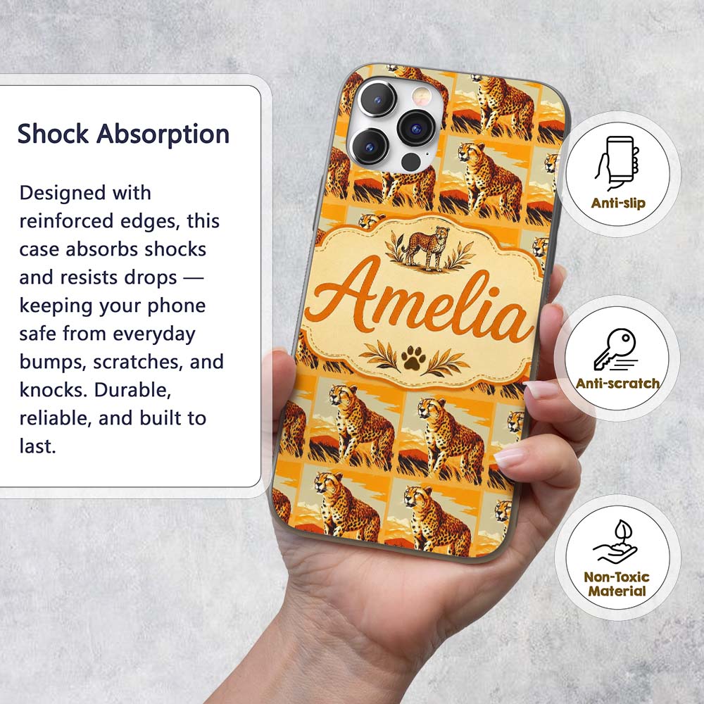 Cheetah Safari Illustration Warm Tones Seamless Custom Name Protective Phone Case Mobile Cover Durable Everyday Smartphone Shock Resistant