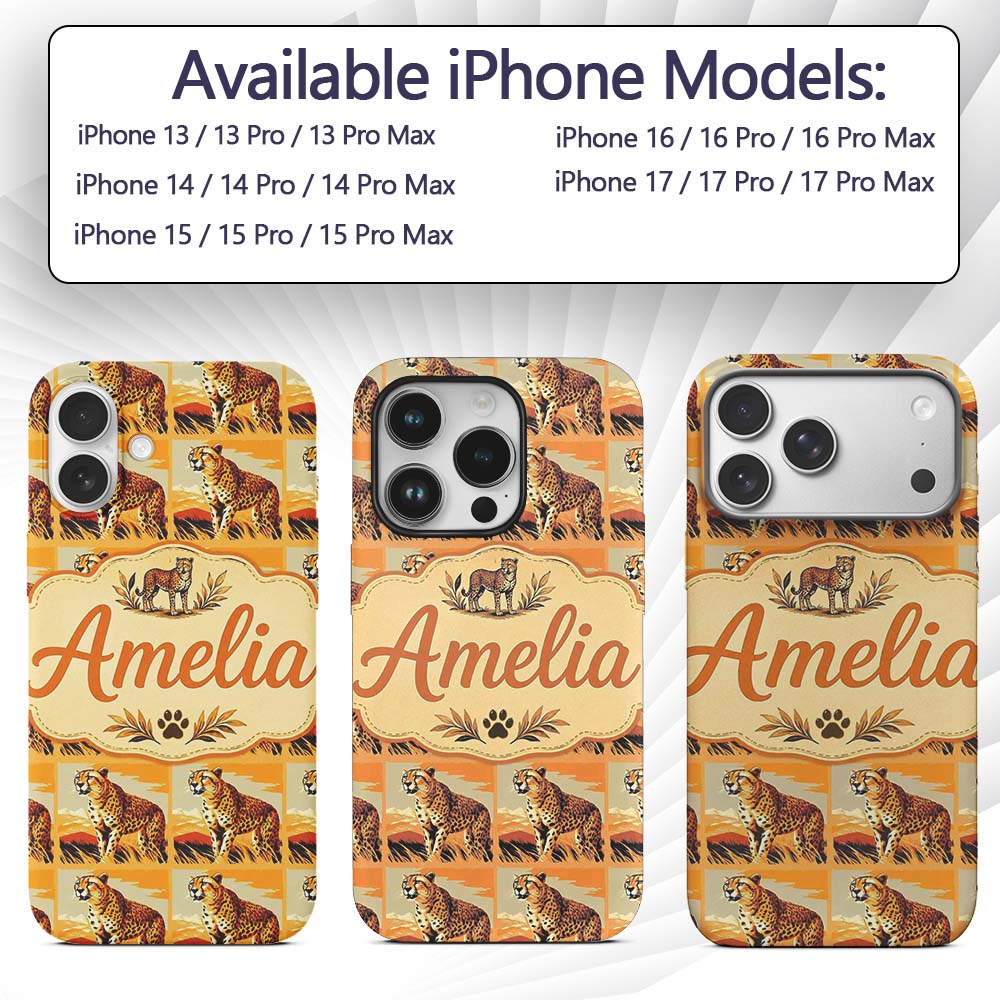 Cheetah Safari Illustration Warm Tones Seamless Custom Name Protective Phone Case Mobile Cover Durable Everyday Smartphone Shock Resistant