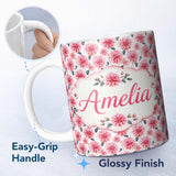 Personalized Custom Name Soft Pink Dahlia Floral Seamless Pattern Elegant Bloom Design Name 11oz Ceramic Coffee Tea Mug White Large Handle
