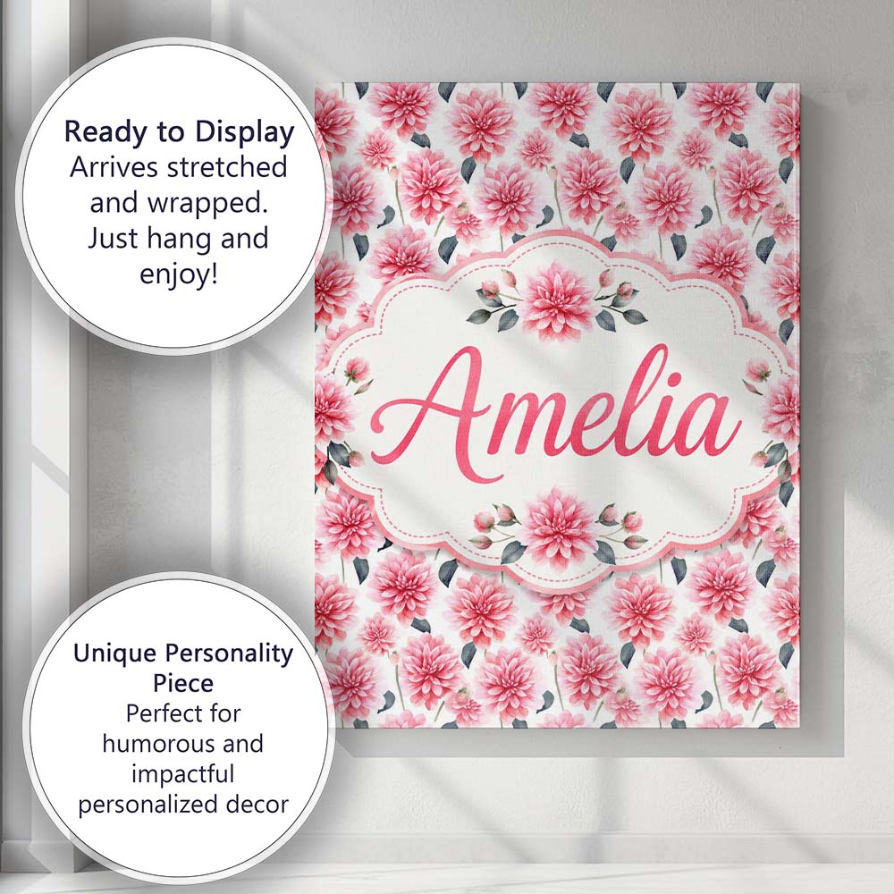 Personalised Name Soft Pink Dahlia Floral Custom  Unique Gift Idea Elegant Feature Canvas Wall Art Print Decor Picture Ready to Hang