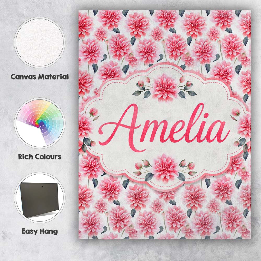 Personalised Name Soft Pink Dahlia Floral Custom  Unique Gift Idea Elegant Feature Canvas Wall Art Print Decor Picture Ready to Hang