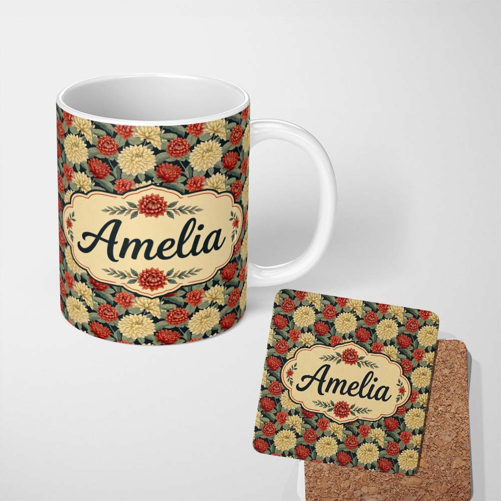 Personalized Custom Name Vintage Chrysanthemum Floral Dark Background Seamless Pattern 11oz Ceramic Coffee Tea Mug White Large Handle