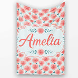 Peach Dahlia Floral Light Blue Background Seamless Pattern Elegant  Personalised Custom Name Super Soft Fleece Blanket Bed Sofa Throw
