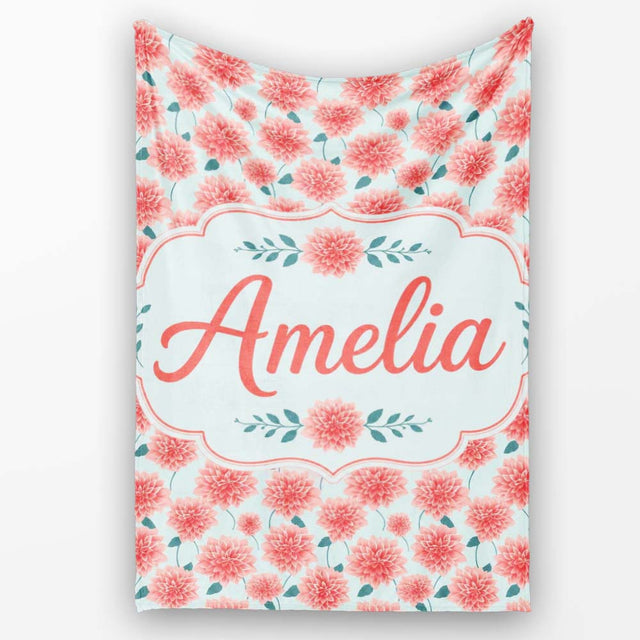 Peach Dahlia Floral Light Blue Background Seamless Pattern Elegant  Personalised Custom Name Super Soft Fleece Blanket Bed Sofa Throw