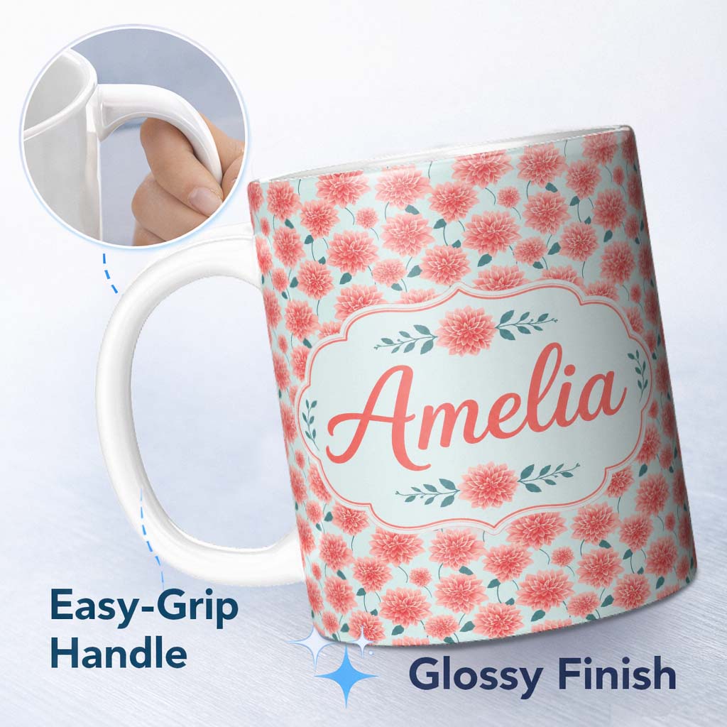 Personalized Custom Name Peach Dahlia Floral Light Blue Background Seamless Pattern Elegant 11oz Ceramic Coffee Tea Mug White Large Handle