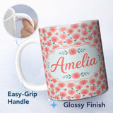 Personalized Custom Name Peach Dahlia Floral Light Blue Background Seamless Pattern Elegant 11oz Ceramic Coffee Tea Mug White Large Handle