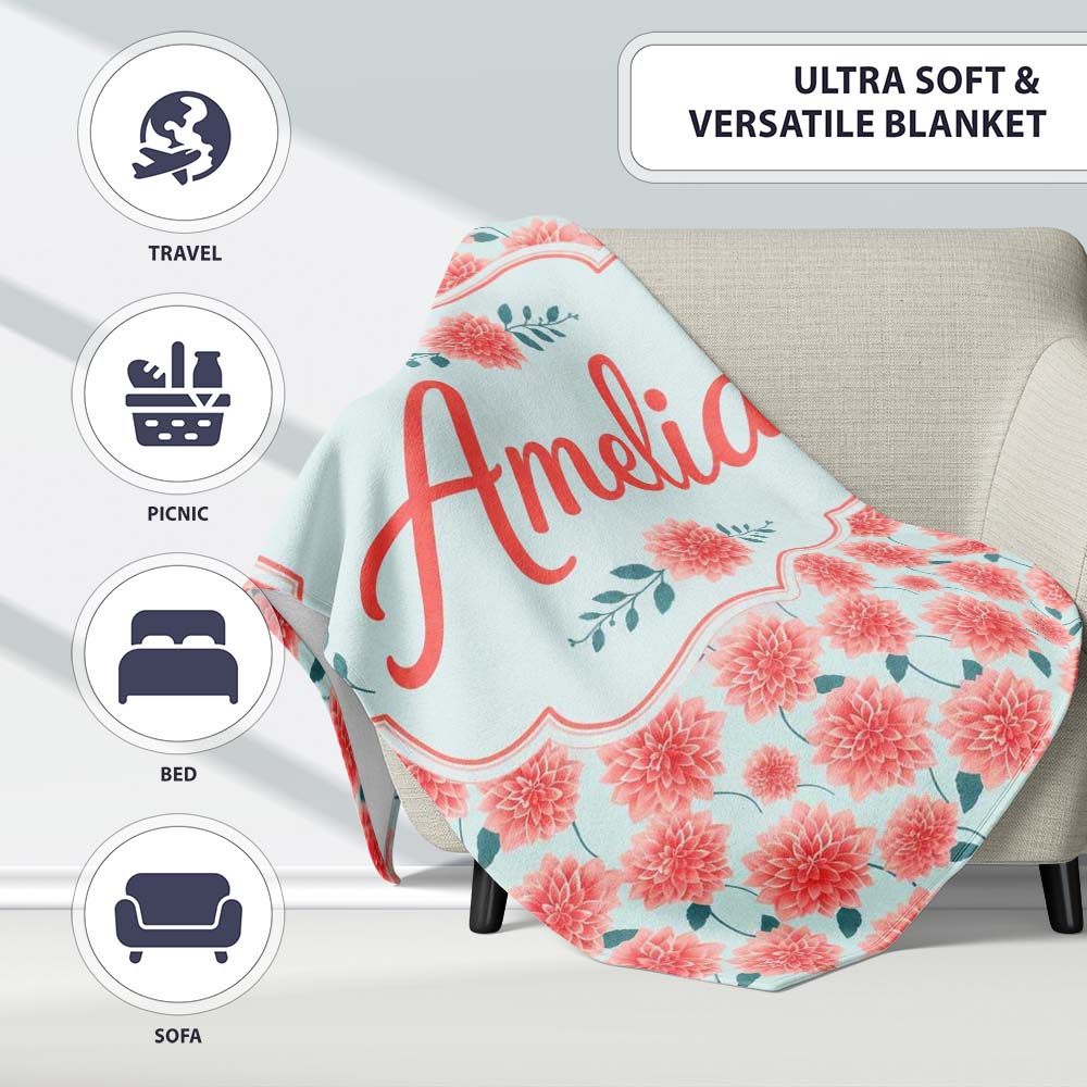 Peach Dahlia Floral Light Blue Background Seamless Pattern Elegant  Personalised Custom Name Super Soft Fleece Blanket Bed Sofa Throw