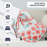 Peach Dahlia Floral Light Blue Background Seamless Pattern Elegant  Personalised Custom Name Super Soft Fleece Blanket Bed Sofa Throw